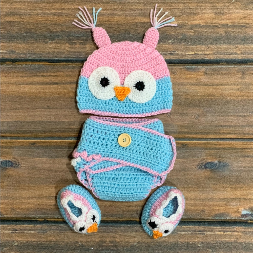 So’Dorable Pink & Blue 3-piece Crochet Owl Set - hat/diaper cover/booties 0-6mo